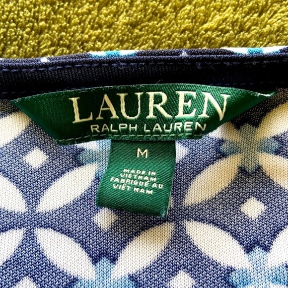 Lauren Ralph Lauren Preppy Blue White Geo Paisley Print Shift Dress Knot Sleeves - Picture 10 of 15